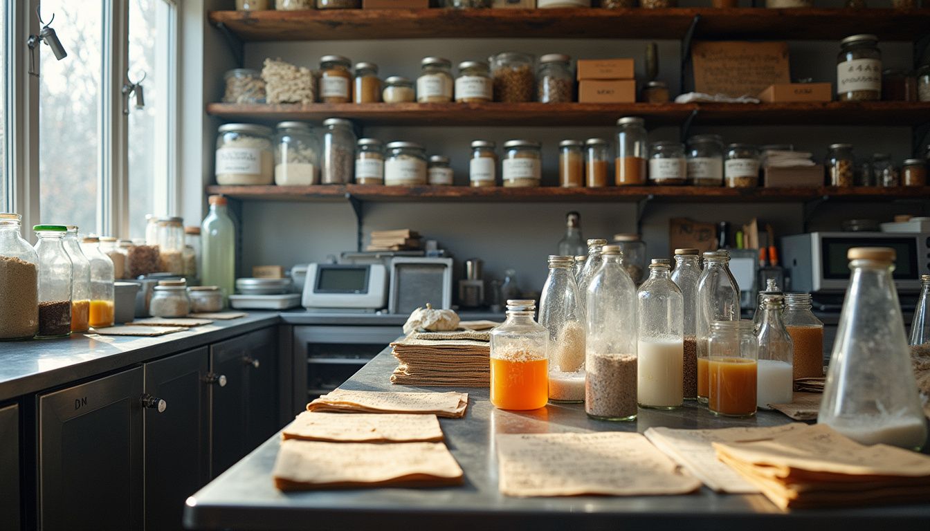 A cluttered food research lab filled with ingredients and recipe pages.